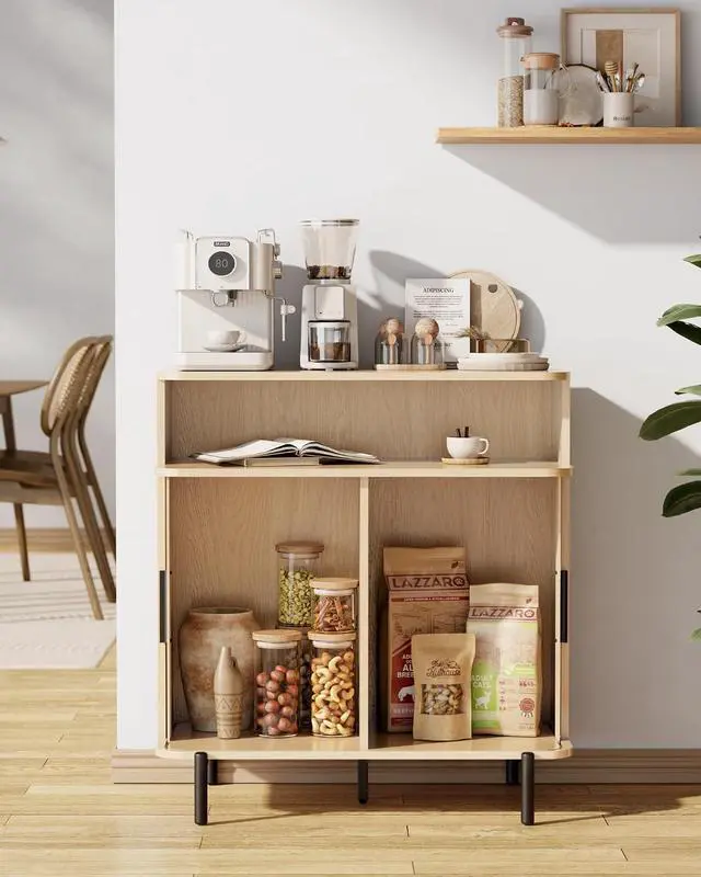 Alt view image 7 of 7 - Buffet Sideboard Cabinet with Big Storage Space, Fluted Coffee Bar Cabinet with Shelves, Modern Wood Console Cabinet for Kitchen, Entryway & Living Room (Wood)