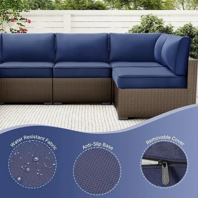 Alt view image 6 of 7 - 14-Piece Outdoor Cushions for Patio Furniture, 25.6"x25.6" Couch Cushion Replacement Designed for 6-Seat Sectional Sofa Sets, Anti-Slip Patio Cushions for Garden, Backyard, Porch (Blue)