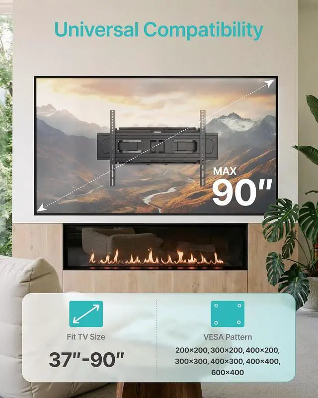 Alt view image 2 of 7 - Full Motion TV Wall Mount for 37-90 Inch TVs up to 132lbs, Swivel Tilt Extension Heavy Duty TV Bracket with Dual Articulating Arms, Pre-Assembled Wall Mount, Max 16" Wood Studs, VESA 600x400mm