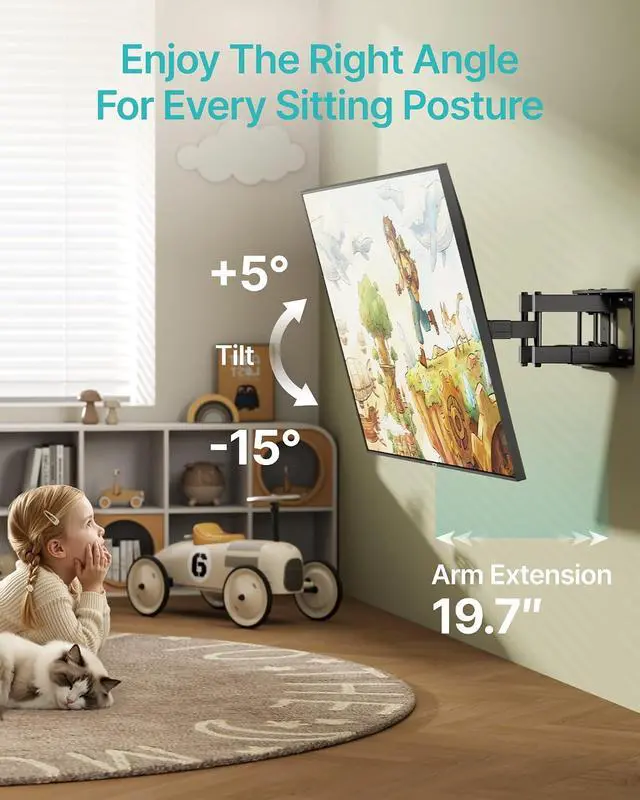 Alt view image 3 of 7 - Full Motion TV Wall Mount for 37-90 Inch TVs up to 132lbs, Swivel Tilt Extension Heavy Duty TV Bracket with Dual Articulating Arms, Pre-Assembled Wall Mount, Max 16" Wood Studs, VESA 600x400mm