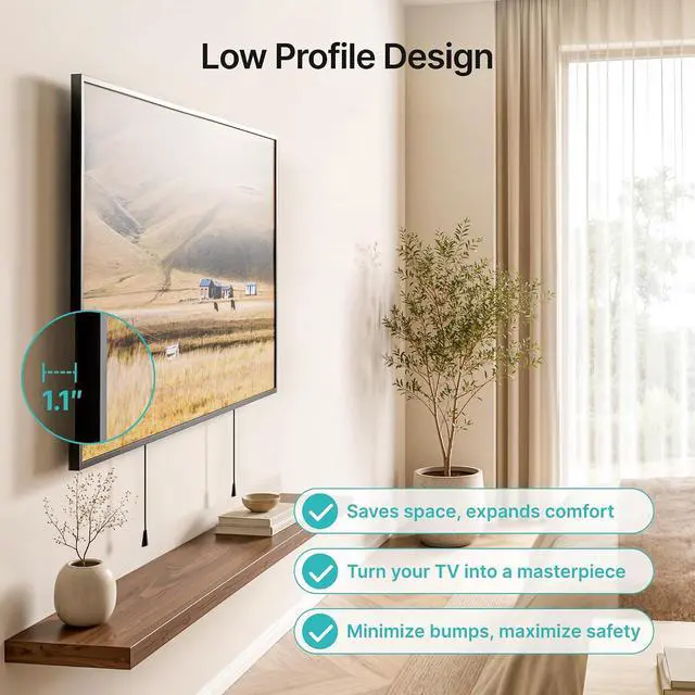 Alt view image 3 of 7 - Low Profile TV Wall Mount for 43-95 Inch TVs, 1.1 Inch Ultra Slim Fixed TV Wall Mount with 220 lbs Capacity, Max VESA 800x400mm, Fits 16"/18"/24" Wood Studs & Concrete Walls