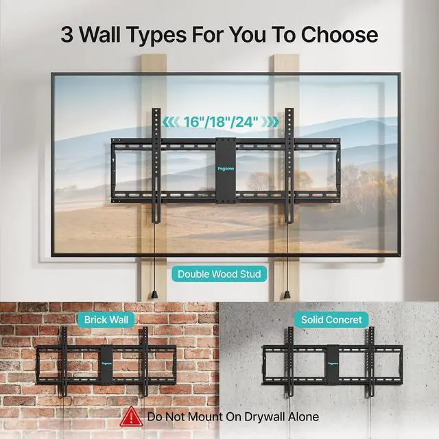 Alt view image 4 of 7 - Low Profile TV Wall Mount for 43-95 Inch TVs, 1.1 Inch Ultra Slim Fixed TV Wall Mount with 220 lbs Capacity, Max VESA 800x400mm, Fits 16"/18"/24" Wood Studs & Concrete Walls