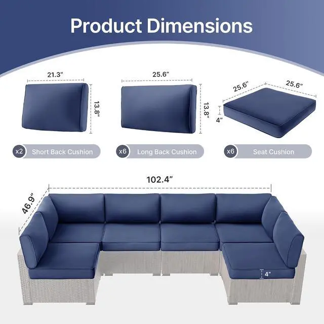 Alt view image 3 of 7 - 14-Piece Outdoor Cushions for Patio Furniture, 25.6"x25.6" Couch Cushion Replacement Designed for 6-Seat Sectional Sofa Sets, Anti-Slip Patio Cushions for Garden, Backyard, Porch (Blue)