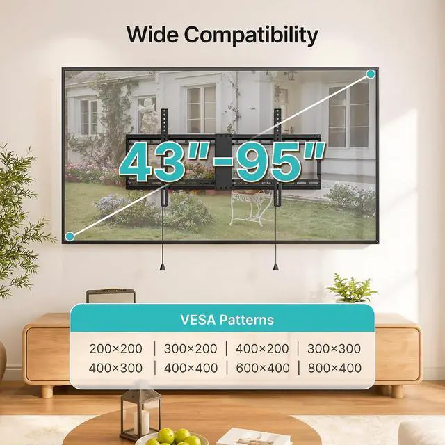 Alt view image 5 of 7 - Low Profile TV Wall Mount for 43-95 Inch TVs, 1.1 Inch Ultra Slim Fixed TV Wall Mount with 220 lbs Capacity, Max VESA 800x400mm, Fits 16"/18"/24" Wood Studs & Concrete Walls