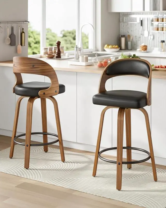 Main image of Bar Stools Set of 2, 26 Inch Counter Height Barstools with Backs, Modern Swivel Bar Stools with PU Leather Seat for Kichen Island and Bar, Black