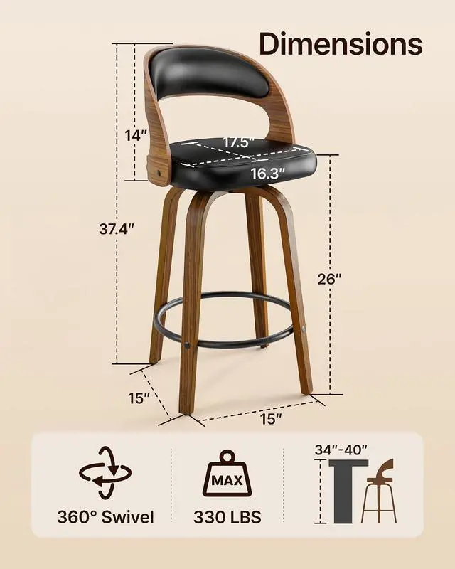 Alt view image 2 of 7 - Bar Stools Set of 4, Swivel Counter Height Barstools with PU Leather Seat and Footrest, Modern Bar Chairs for Kichen Island, Black