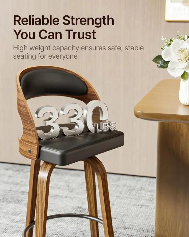 Alt view image 5 of 7 - Bar Stools Set of 4, Swivel Counter Height Barstools with PU Leather Seat and Footrest, Modern Bar Chairs for Kichen Island, Black