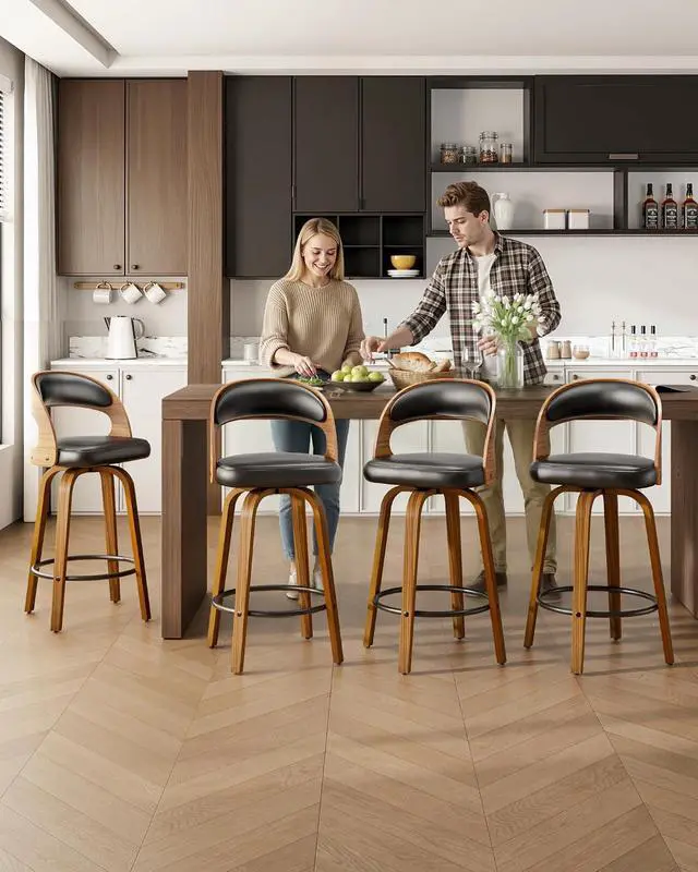 Alt view image 7 of 7 - Bar Stools Set of 4, Swivel Counter Height Barstools with PU Leather Seat and Footrest, Modern Bar Chairs for Kichen Island, Black