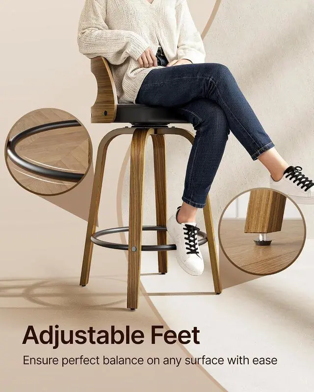 Alt view image 6 of 7 - Bar Stools Set of 4, Swivel Counter Height Barstools with PU Leather Seat and Footrest, Modern Bar Chairs for Kichen Island, Black