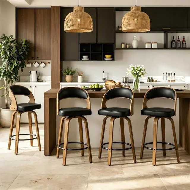 Main image of Bar Stools Set of 4, Swivel Counter Height Barstools with PU Leather Seat and Footrest, Modern Bar Chairs for Kichen Island, Black