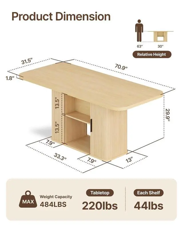 Alt view image 2 of 7 - Mid-Centur Dinner Tables for 4/6/8, 70.9" Rectangle Dining Room Table with Large Tabletop and Sliding Tambour Doors, Fluted Dining Table 2-Layer Storage for Kitchen and Living Room, Wood