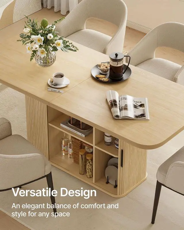 Alt view image 3 of 7 - Mid-Centur Dinner Tables for 4/6/8, 70.9" Rectangle Dining Room Table with Large Tabletop and Sliding Tambour Doors, Fluted Dining Table 2-Layer Storage for Kitchen and Living Room, Wood
