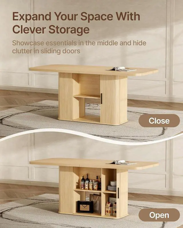 Alt view image 7 of 7 - Mid-Centur Dinner Tables for 4/6/8, 70.9" Rectangle Dining Room Table with Large Tabletop and Sliding Tambour Doors, Fluted Dining Table 2-Layer Storage for Kitchen and Living Room, Wood