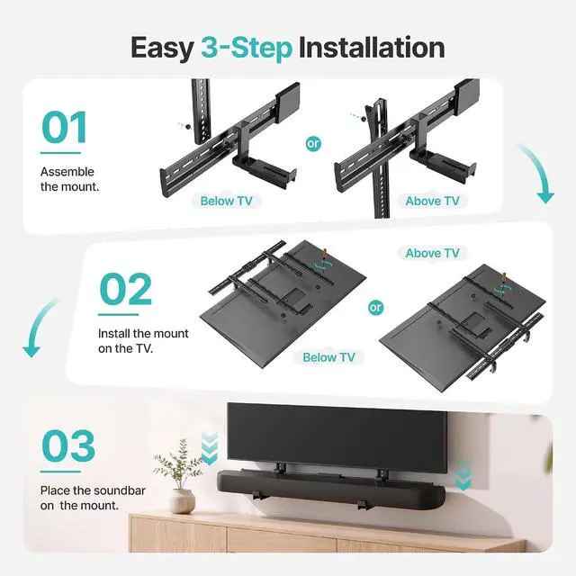 Alt view image 6 of 7 - Universal Soundbar Mount, Sound Bar TV Bracket up to 33Lbs,Adjustable Above/Below TV Sound Bar Wall Mount No-Slip Base Holder Extends 3.38-6.1Easy to Install