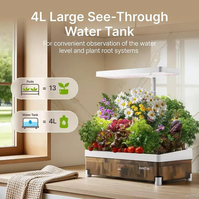 Alt view image 5 of 7 - Hydroponics Growing System Kit 13 Pods, Indoor Garden with Dimmable Grow Light, 4L Visible Water Tank with Adjustable Height to 12.8",Digital Timer & Water/Nutrient Reminder, Gardening Gifts