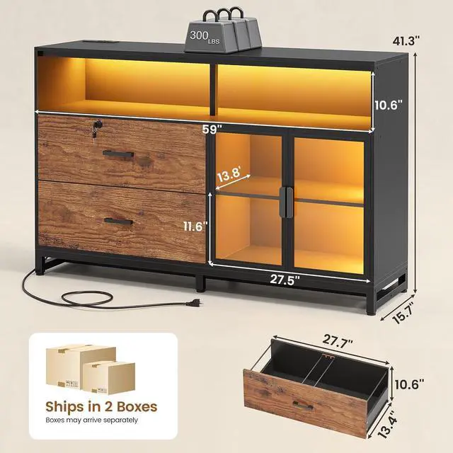 Alt view image 2 of 7 - 59" File Cabinet, 2 Drawers Filing Cabinets for Home Office fit Legal/Letter/A4 File, File Cabinet with Lock & Power Outlets, Printer Stand with Storage & LED Lights, Rustic Brown
