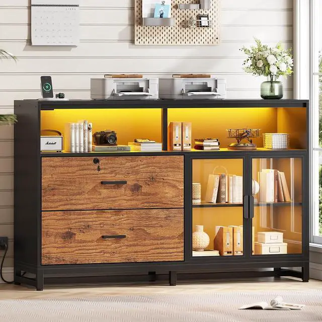 Main image of 59" File Cabinet, 2 Drawers Filing Cabinets for Home Office fit Legal/Letter/A4 File, File Cabinet with Lock & Power Outlets, Printer Stand with Storage & LED Lights, Rustic Brown
