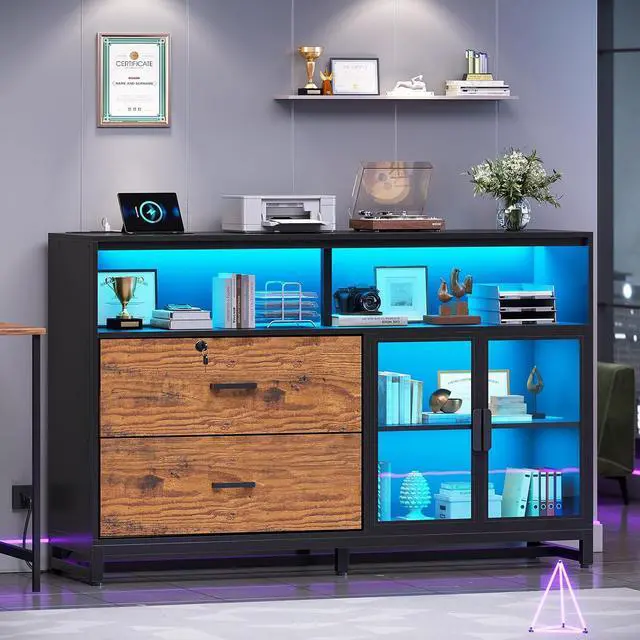 Alt view image 3 of 7 - 59" File Cabinet, 2 Drawers Filing Cabinets for Home Office fit Legal/Letter/A4 File, File Cabinet with Lock & Power Outlets, Printer Stand with Storage & LED Lights, Rustic Brown