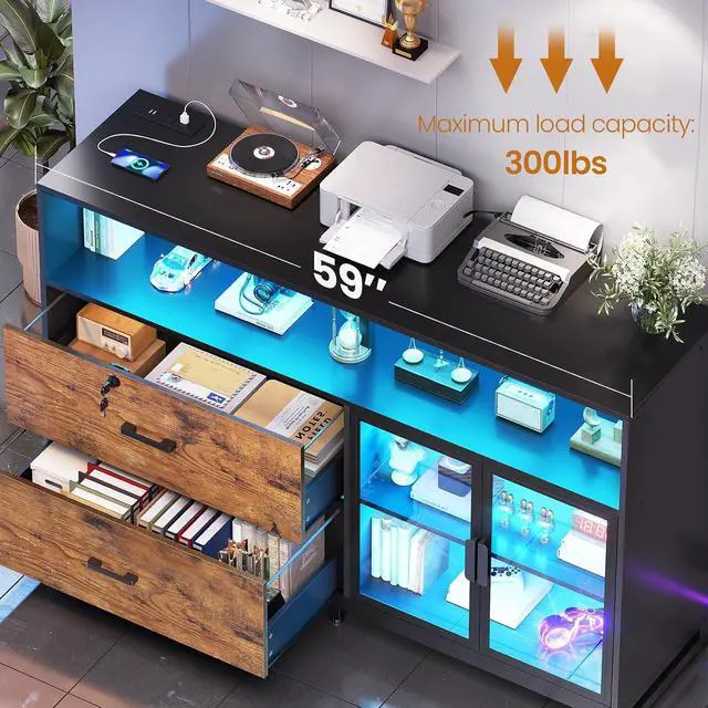 Alt view image 7 of 7 - 59" File Cabinet, 2 Drawers Filing Cabinets for Home Office fit Legal/Letter/A4 File, File Cabinet with Lock & Power Outlets, Printer Stand with Storage & LED Lights, Rustic Brown