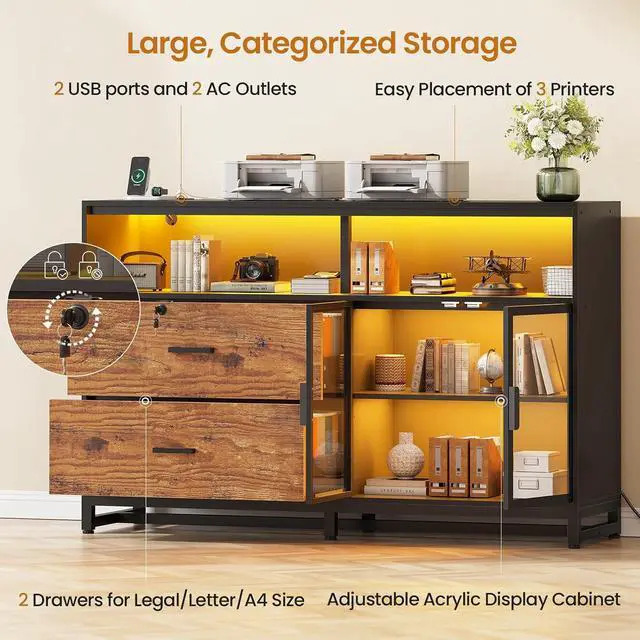 Alt view image 6 of 7 - 59" File Cabinet, 2 Drawers Filing Cabinets for Home Office fit Legal/Letter/A4 File, File Cabinet with Lock & Power Outlets, Printer Stand with Storage & LED Lights, Rustic Brown