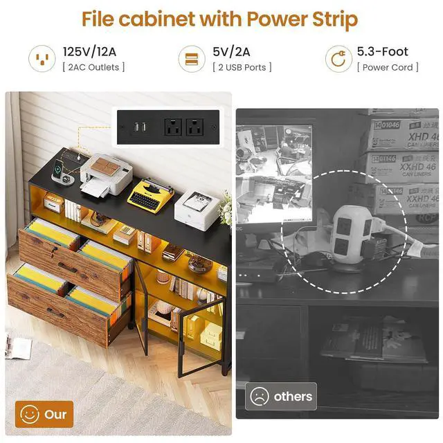 Alt view image 5 of 7 - 59" File Cabinet, 2 Drawers Filing Cabinets for Home Office fit Legal/Letter/A4 File, File Cabinet with Lock & Power Outlets, Printer Stand with Storage & LED Lights, Rustic Brown
