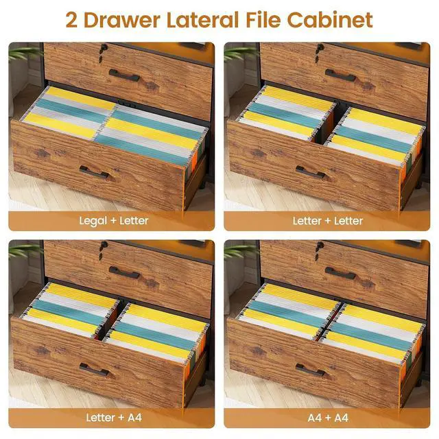 Alt view image 4 of 7 - 59" File Cabinet, 2 Drawers Filing Cabinets for Home Office fit Legal/Letter/A4 File, File Cabinet with Lock & Power Outlets, Printer Stand with Storage & LED Lights, Rustic Brown