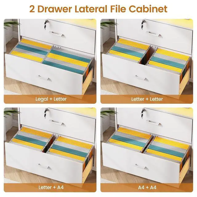 Alt view image 3 of 7 - 59" File Cabinet, 2 Drawers Filing Cabinets for Home Office fit Legal/Letter/A4 File, File Cabinet with Lock & Power Outlets, Printer Stand with Storage & LED Lights, White