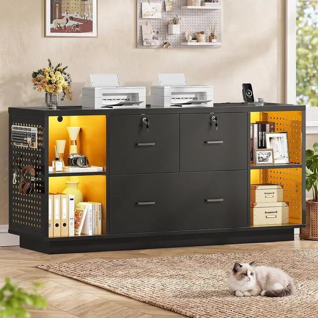 Main image of 55" File Cabinet with Lock, Large 3 Drawers Filing Cabinets for Home Office, Lockable Printer Stand with Storage, Power Strip, LED Light & Pegboard, Black