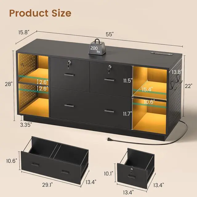 Alt view image 2 of 7 - 55" File Cabinet with Lock, Large 3 Drawers Filing Cabinets for Home Office, Lockable Printer Stand with Storage, Power Strip, LED Light & Pegboard, Black