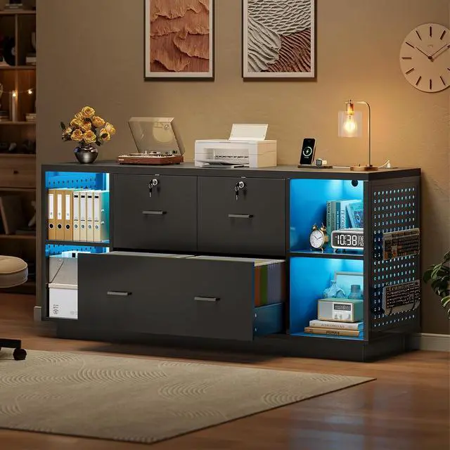 Alt view image 3 of 7 - 55" File Cabinet with Lock, Large 3 Drawers Filing Cabinets for Home Office, Lockable Printer Stand with Storage, Power Strip, LED Light & Pegboard, Black