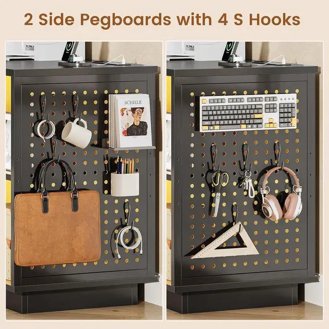 Alt view image 6 of 7 - 55" File Cabinet with Lock, Large 3 Drawers Filing Cabinets for Home Office, Lockable Printer Stand with Storage, Power Strip, LED Light & Pegboard, Black