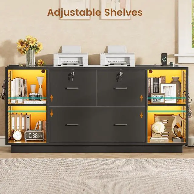 Alt view image 7 of 7 - 55" File Cabinet with Lock, Large 3 Drawers Filing Cabinets for Home Office, Lockable Printer Stand with Storage, Power Strip, LED Light & Pegboard, Black