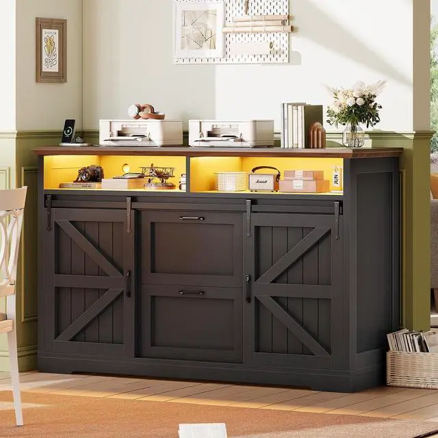 Main image of 47.2" File Cabinet, 2 Drawers Filing Cabinets for Home Office fit Legal/Letter/A4 File, Farmhouse File Cabinet with Barn Door & Power Outlets, Printer Stand with Storage & LED Lights, Black