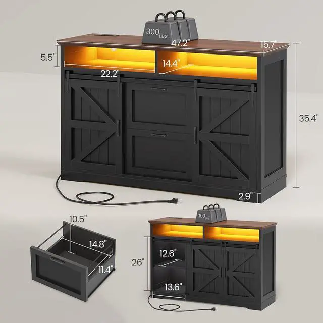 Alt view image 2 of 7 - 47.2" File Cabinet, 2 Drawers Filing Cabinets for Home Office fit Legal/Letter/A4 File, Farmhouse File Cabinet with Barn Door & Power Outlets, Printer Stand with Storage & LED Lights, Black