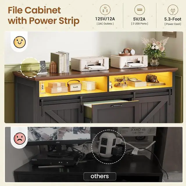 Alt view image 5 of 7 - 47.2" File Cabinet, 2 Drawers Filing Cabinets for Home Office fit Legal/Letter/A4 File, Farmhouse File Cabinet with Barn Door & Power Outlets, Printer Stand with Storage & LED Lights, Black