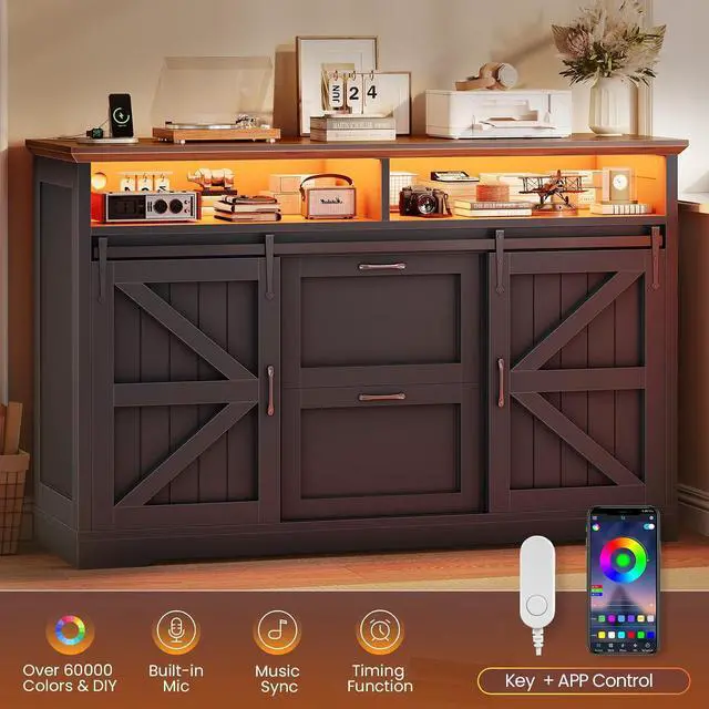 Alt view image 6 of 7 - 47.2" File Cabinet, 2 Drawers Filing Cabinets for Home Office fit Legal/Letter/A4 File, Farmhouse File Cabinet with Barn Door & Power Outlets, Printer Stand with Storage & LED Lights, Black