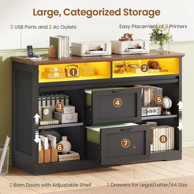Alt view image 3 of 7 - 47.2" File Cabinet, 2 Drawers Filing Cabinets for Home Office fit Legal/Letter/A4 File, Farmhouse File Cabinet with Barn Door & Power Outlets, Printer Stand with Storage & LED Lights, Black