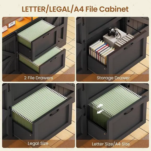 Alt view image 4 of 7 - 47.2" File Cabinet, 2 Drawers Filing Cabinets for Home Office fit Legal/Letter/A4 File, Farmhouse File Cabinet with Barn Door & Power Outlets, Printer Stand with Storage & LED Lights, Black