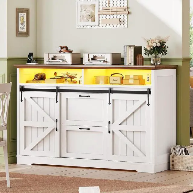 Main image of 47.2" File Cabinet, 2 Drawers Filing Cabinets for Home Office fit Legal/Letter/A4 File, Farmhouse File Cabinet with Barn Door & Power Outlets, Printer Stand with Storage & LED Lights, White