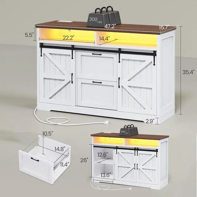 Alt view image 2 of 7 - 47.2" File Cabinet, 2 Drawers Filing Cabinets for Home Office fit Legal/Letter/A4 File, Farmhouse File Cabinet with Barn Door & Power Outlets, Printer Stand with Storage & LED Lights, White