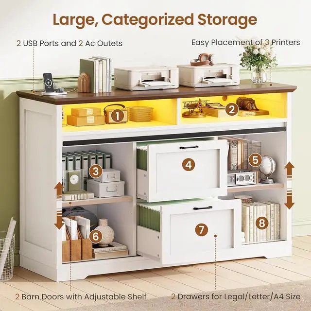 Alt view image 3 of 7 - 47.2" File Cabinet, 2 Drawers Filing Cabinets for Home Office fit Legal/Letter/A4 File, Farmhouse File Cabinet with Barn Door & Power Outlets, Printer Stand with Storage & LED Lights, White