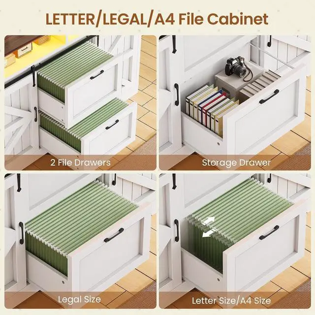 Alt view image 4 of 7 - 47.2" File Cabinet, 2 Drawers Filing Cabinets for Home Office fit Legal/Letter/A4 File, Farmhouse File Cabinet with Barn Door & Power Outlets, Printer Stand with Storage & LED Lights, White