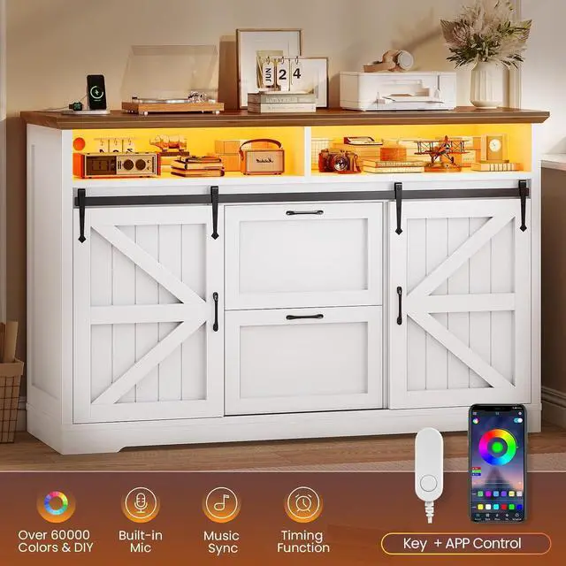 Alt view image 6 of 7 - 47.2" File Cabinet, 2 Drawers Filing Cabinets for Home Office fit Legal/Letter/A4 File, Farmhouse File Cabinet with Barn Door & Power Outlets, Printer Stand with Storage & LED Lights, White