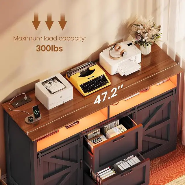 Alt view image 7 of 7 - 47.2" File Cabinet, 2 Drawers Filing Cabinets for Home Office fit Legal/Letter/A4 File, Farmhouse File Cabinet with Barn Door & Power Outlets, Printer Stand with Storage & LED Lights, Black