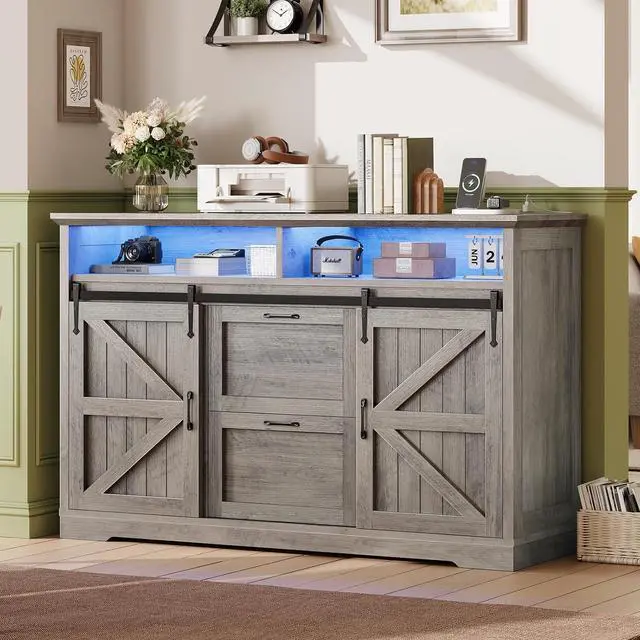 Main image of 47.2" File Cabinet, 2 Drawers Filing Cabinets for Home Office fit Legal/Letter/A4 File, Farmhouse File Cabinet with Barn Door & Power Outlets, Printer Stand with Storage & LED Lights, Grey