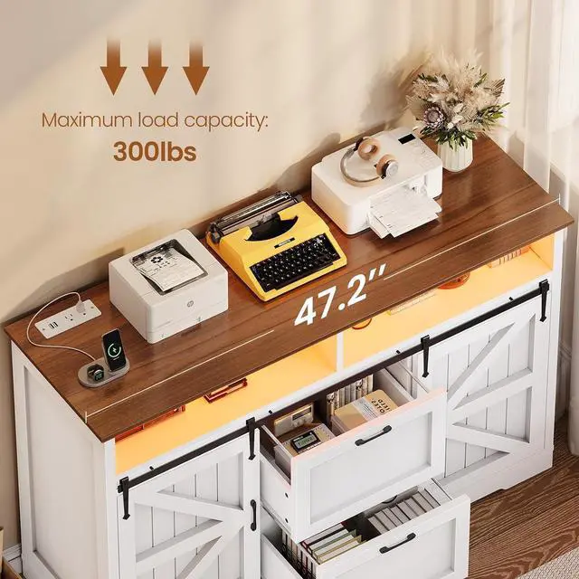 Alt view image 7 of 7 - 47.2" File Cabinet, 2 Drawers Filing Cabinets for Home Office fit Legal/Letter/A4 File, Farmhouse File Cabinet with Barn Door & Power Outlets, Printer Stand with Storage & LED Lights, White