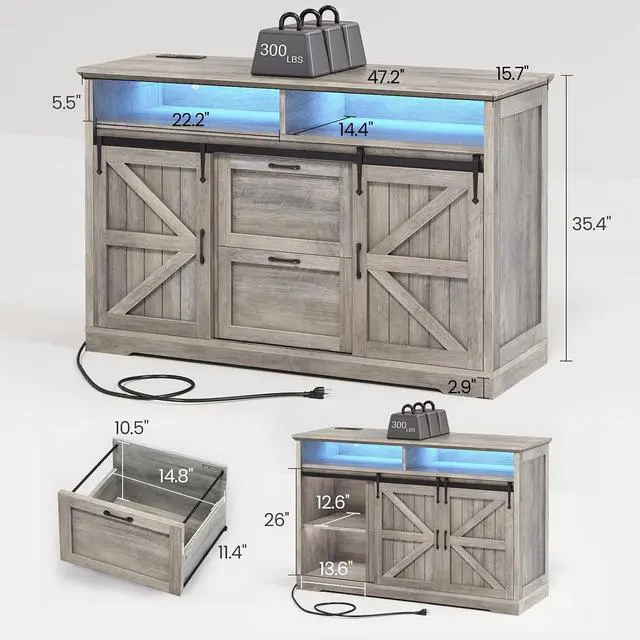 Alt view image 2 of 7 - 47.2" File Cabinet, 2 Drawers Filing Cabinets for Home Office fit Legal/Letter/A4 File, Farmhouse File Cabinet with Barn Door & Power Outlets, Printer Stand with Storage & LED Lights, Grey