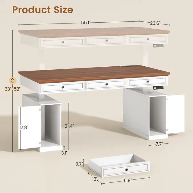 Alt view image 2 of 7 - Farmhouse Electric Standing Desk with 3 Drawers, 55.1" Height Adjustable Executive Office Desk with Storage Cabinet, Computer Sit Stand Up Desk with Power Outlets for Home Office, White