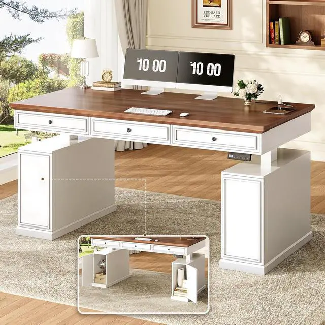 Main image of Farmhouse Electric Standing Desk with 3 Drawers, 55.1" Height Adjustable Executive Office Desk with Storage Cabinet, Computer Sit Stand Up Desk with Power Outlets for Home Office, White