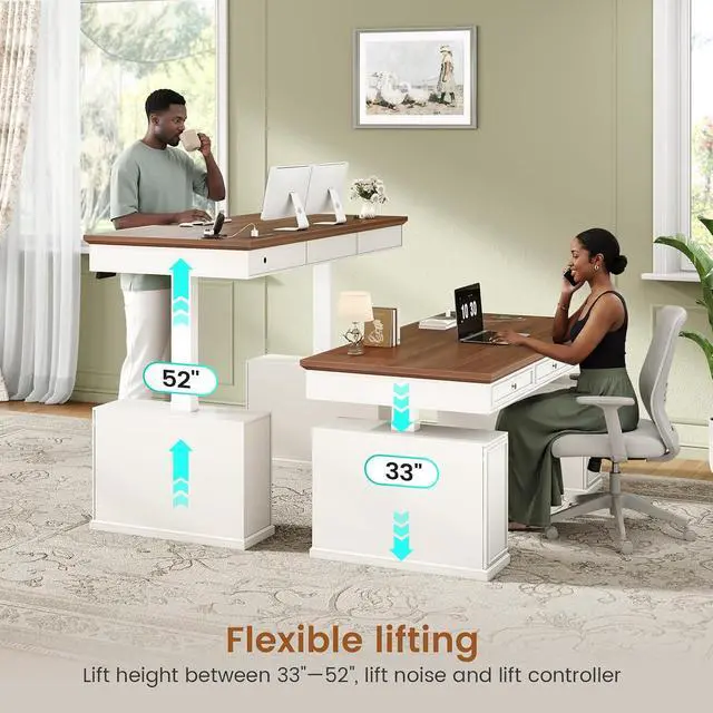 Alt view image 4 of 7 - Farmhouse Electric Standing Desk with 3 Drawers, 55.1" Height Adjustable Executive Office Desk with Storage Cabinet, Computer Sit Stand Up Desk with Power Outlets for Home Office, White